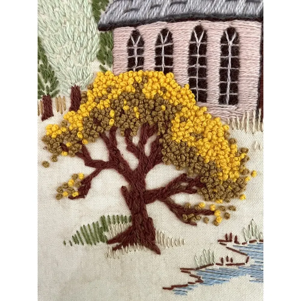 Vintage 1979 Handcrafted Crewel Embroidery on Linen Canvas